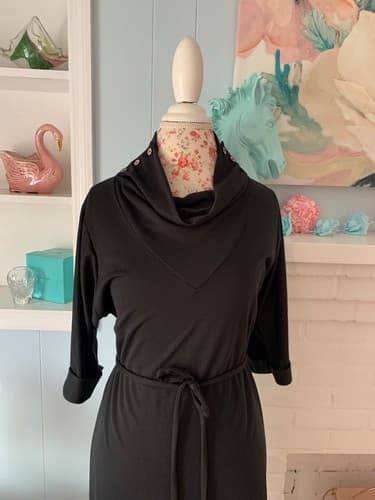 Vintage 1970’s Dress Black By Doo~Dads Button Cowl Neck Neat Fit Belted 1980’s - Thumbnail 2