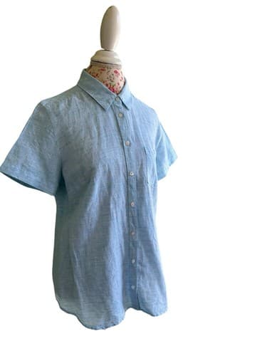 Kim Rogers Baby Blue Pastel Linen Blouse Top Shirt Old Money Classic Cotton L - Thumbnail 5