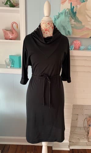 Vintage 1970’s Dress Black By Doo~Dads Button Cowl Neck Neat Fit Belted 1980’s - Thumbnail 8