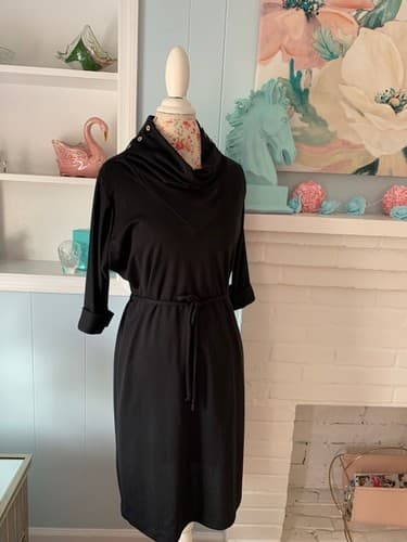 Vintage 1970’s Dress Black By Doo~Dads Button Cowl Neck Neat Fit Belted 1980’s - Thumbnail 3