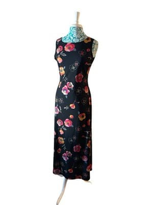 Vintage Y2K Maxi Dress Floral Long Skinny Fit Stretchy Black Pink Coral Roses - Thumbnail 6