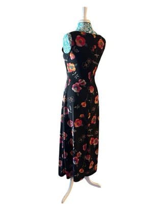 Vintage Y2K Maxi Dress Floral Long Skinny Fit Stretchy Black Pink Coral Roses - Thumbnail 3