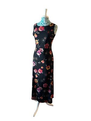 Vintage Y2K Maxi Dress Floral Long Skinny Fit Stretchy Black Pink Coral Roses - Thumbnail 5