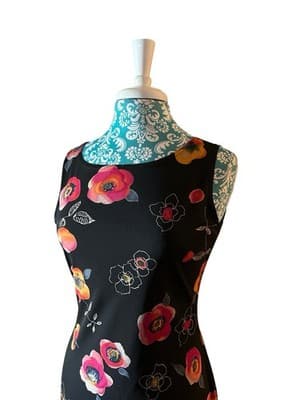 Vintage Y2K Maxi Dress Floral Long Skinny Fit Stretchy Black Pink Coral Roses - Thumbnail 4