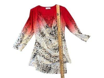 Y2K Calvin Klein Stretch Shirt Wrap Top Red Beige Asymmetrical Hem Python Print - Thumbnail 5
