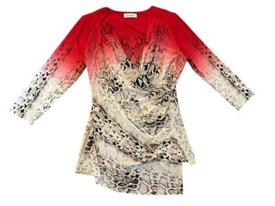 Y2K Calvin Klein Stretch Shirt Wrap Top Red Beige Asymmetrical Hem Python Print - Thumbnail 4