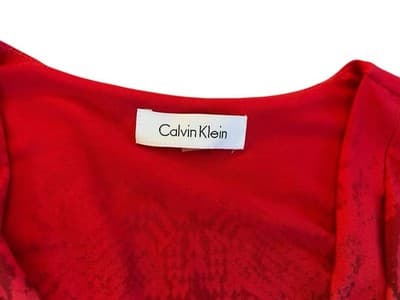 Y2K Calvin Klein Stretch Shirt Wrap Top Red Beige Asymmetrical Hem Python Print - Thumbnail 2