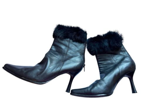Vintage Lord & Taylor Black Leather Rabbit Fur Boots Avant Garde New Wave Rocker - Thumbnail 3