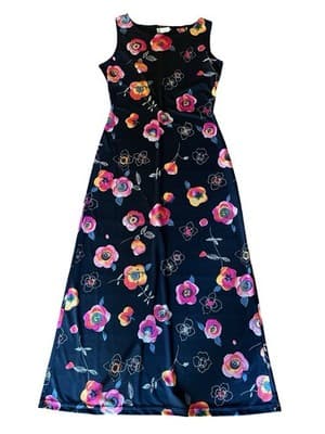Vintage Y2K Maxi Dress Floral Long Skinny Fit Stretchy Black Pink Coral Roses - Thumbnail 2