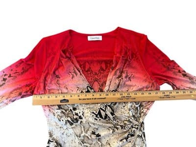 Y2K Calvin Klein Stretch Shirt Wrap Top Red Beige Asymmetrical Hem Python Print - Thumbnail 6