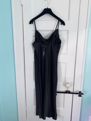 Bebe Black Slippery Satin Dress NWT M Draped Neck Sexy Gown Lingerie - Thumbnail 3