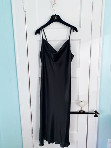 Bebe Black Slippery Satin Dress NWT M Draped Neck Sexy Gown Lingerie - Thumbnail 2