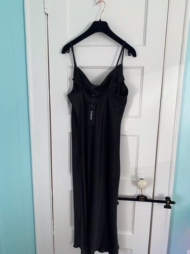 Bebe Black Slippery Satin Dress NWT M Draped Neck Sexy Gown Lingerie - Thumbnail 4