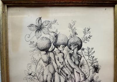 Vintage 1970’s Ink Drawing Framed African American Beauties Risqué Signed Nash - Thumbnail 6