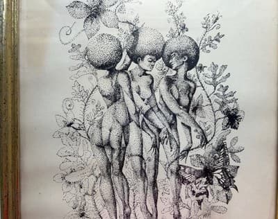 Vintage 1970’s Ink Drawing Framed African American Beauties Risqué Signed Nash - Thumbnail 2