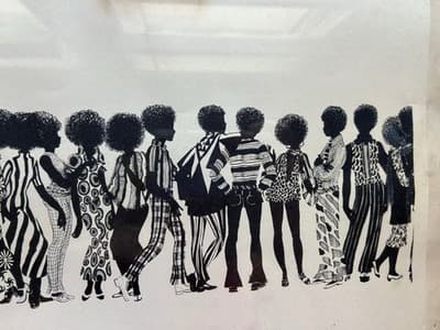 Vintage 1970s Ink Drawing Framed African American Bohemian Beauties Stamped 1972 - Thumbnail 8