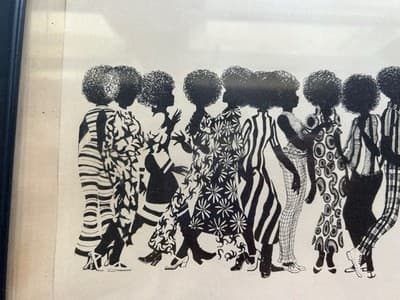 Vintage 1970s Ink Drawing Framed African American Bohemian Beauties Stamped 1972 - Thumbnail 4