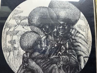 Vintage 1970s Ink Drawing Framed Bohemian African American Mother Father Baby - Thumbnail 8