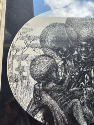 Vintage 1970s Ink Drawing Framed Bohemian African American Mother Father Baby - Thumbnail 11