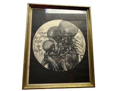Vintage 1970s Ink Drawing Framed Bohemian African American Mother Father Baby - Thumbnail 7