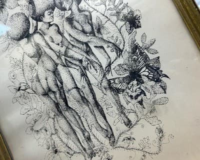 Vintage 1970’s Ink Drawing Framed African American Beauties Risqué Signed Nash - Thumbnail 4