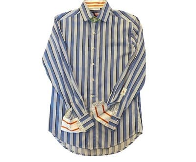 Robert Graham Blue/White Stripe Green Orange Metro Flip Cuff Shirt Size M - Thumbnail 7