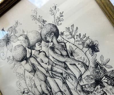 Vintage 1970’s Ink Drawing Framed African American Beauties Risqué Signed Nash - Thumbnail 3