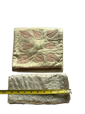 Vintage Lingerie Bag Hosiery Set Pearls Pastel Peach Satin 1940’s 1950’s Travel - Thumbnail 4