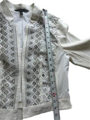 M White House Black Market White Cotton Linen Jacket Beaded Fitted Embroidered - Thumbnail 8