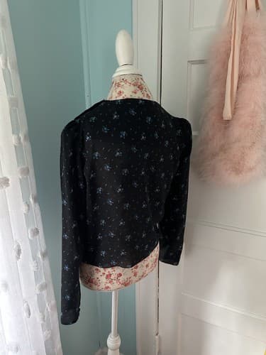 Vintage 1980’s Floral Blouse Cropped Crop Top Black & Blue Puffed Sleeve Nwt 10 - Thumbnail 6