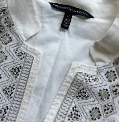 M White House Black Market White Cotton Linen Jacket Beaded Fitted Embroidered - Thumbnail 9