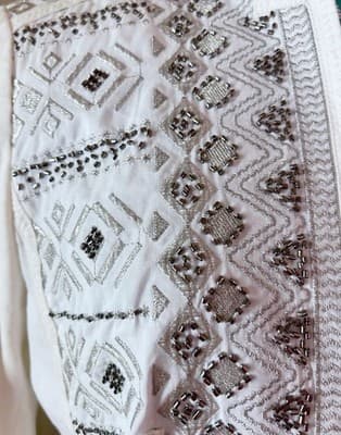 M White House Black Market White Cotton Linen Jacket Beaded Fitted Embroidered - Thumbnail 10