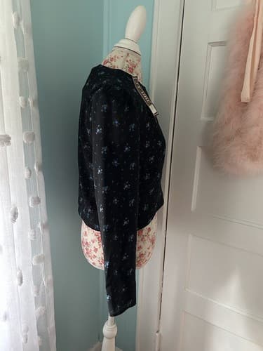 Vintage 1980’s Floral Blouse Cropped Crop Top Black & Blue Puffed Sleeve Nwt 10 - Thumbnail 4