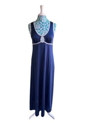 Vintage Nightgown Dress VANITY FAIR Navy Blue 1970’s Long Gown Lingerie - Thumbnail 3