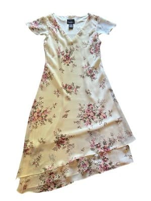 Vtg Y2K Asymmetrical Floral Fairycore Pastel Pink Roses Flutter Sleeve Dress - Thumbnail 3