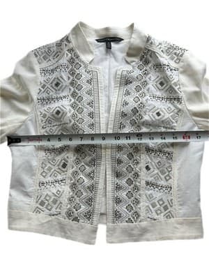 M White House Black Market White Cotton Linen Jacket Beaded Fitted Embroidered - Thumbnail 5