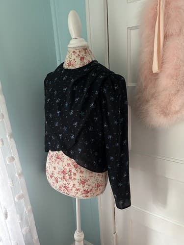 Vintage 1980’s Floral Blouse Cropped Crop Top Black & Blue Puffed Sleeve Nwt 10 - Thumbnail 7