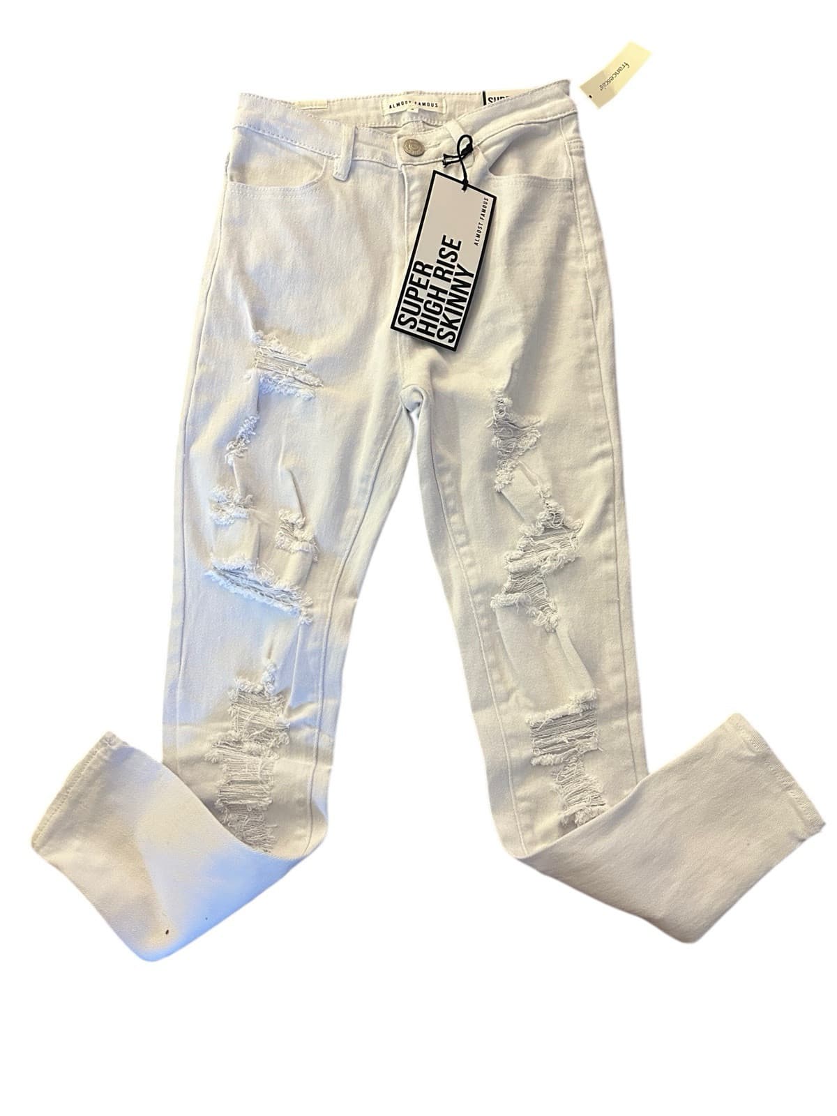 Almost Famous Jeans Sz 3 Super High Rise Skinny White Distressed Denim NWT New - Thumbnail 4