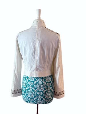 M White House Black Market White Cotton Linen Jacket Beaded Fitted Embroidered - Thumbnail 4