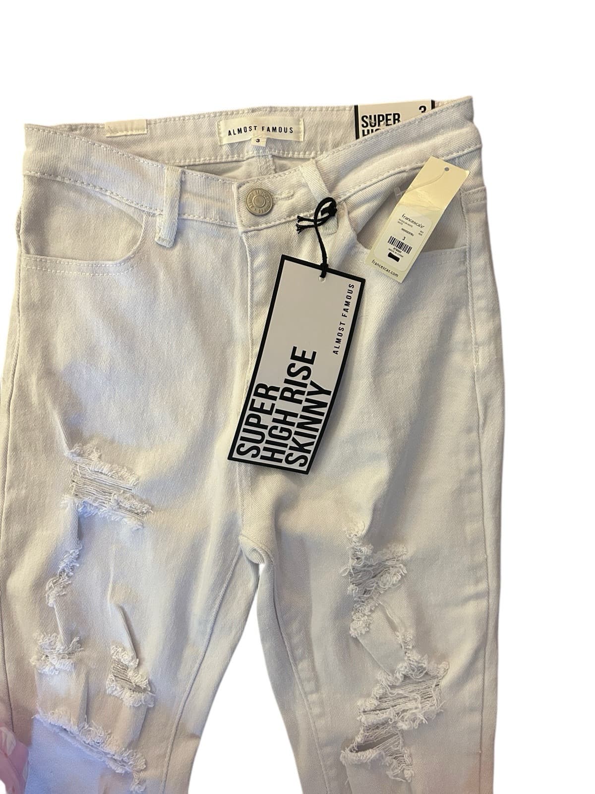 Almost Famous Jeans Sz 3 Super High Rise Skinny White Distressed Denim NWT New - Thumbnail 5