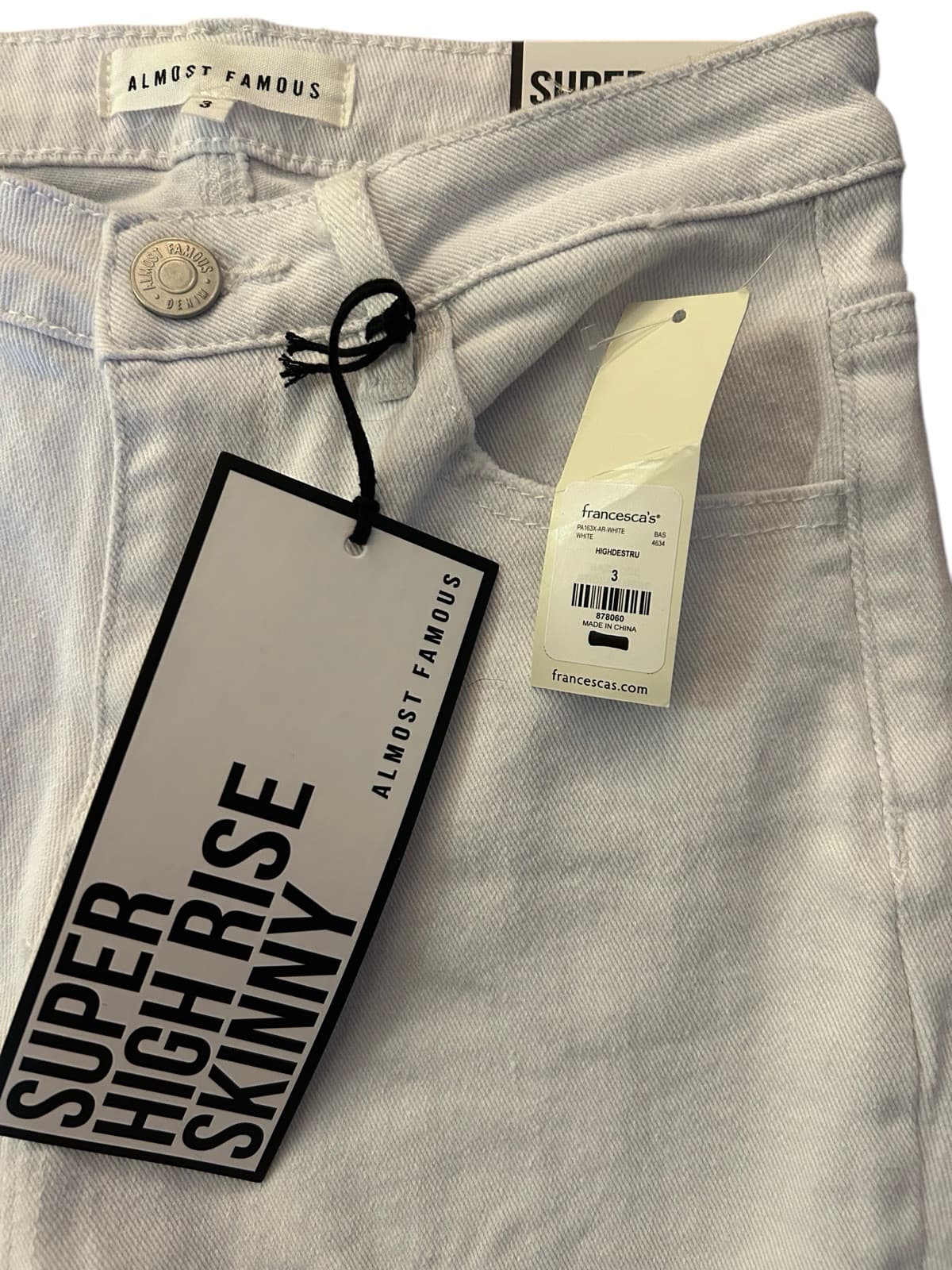 Almost Famous Jeans Sz 3 Super High Rise Skinny White Distressed Denim NWT New - Thumbnail 3