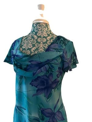 Vtg Y2K Blue Floral Fairycore Flutter Sleeve Dress Draped Neck Romantic Spring - Thumbnail 11