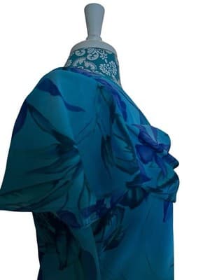 Vtg Y2K Blue Floral Fairycore Flutter Sleeve Dress Draped Neck Romantic Spring - Thumbnail 9