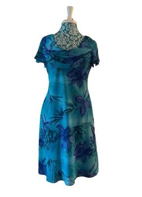 Vtg Y2K Blue Floral Fairycore Flutter Sleeve Dress Draped Neck Romantic Spring - Thumbnail 12