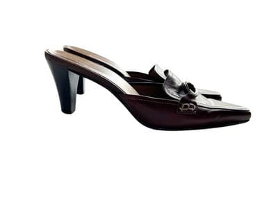 Y2K AIGNER Brown Leather Mules Shoes Kitten Heel Square Toe Old Money 7.5 - Thumbnail 6