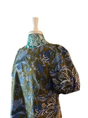 Size MP Talbots Cotton Top Floral Puff Sleeves Babydoll Green Blue Bow Summer - Thumbnail 2
