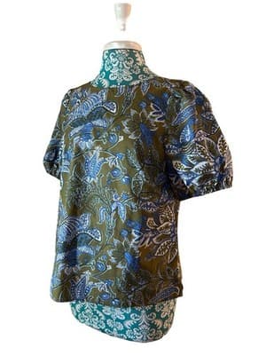 Size MP Talbots Cotton Top Floral Puff Sleeves Babydoll Green Blue Bow Summer - Thumbnail 6