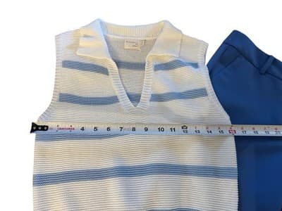 10P Petite Talbots Hampshire Ankle Pants Matching Top Set Blue White Spring - Thumbnail 6