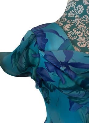Vtg Y2K Blue Floral Fairycore Flutter Sleeve Dress Draped Neck Romantic Spring - Thumbnail 8