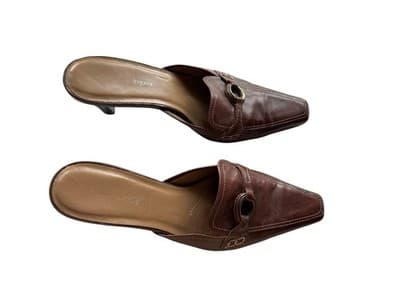 Y2K AIGNER Brown Leather Mules Shoes Kitten Heel Square Toe Old Money 7.5 - Thumbnail 2